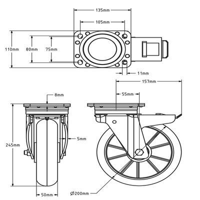 Ergonomische PU Lenkrolle mit Bremse 200 mm - verstärkt - kugelgelagert - 700 kg