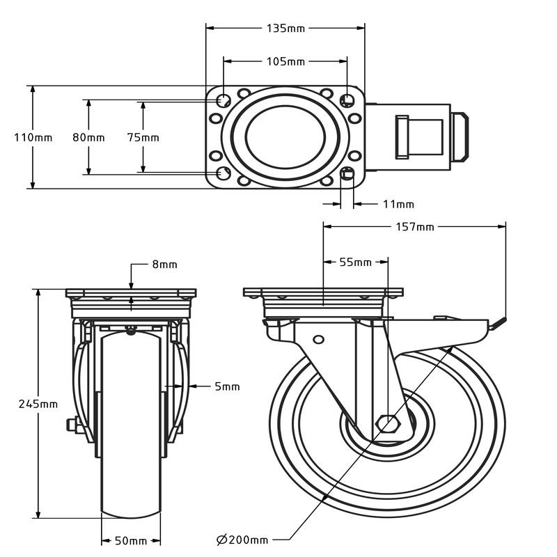 Lenkrolle mit Bremse aus Polyamid 200 mm - verstärkt - kugelgelagert - 800 kg