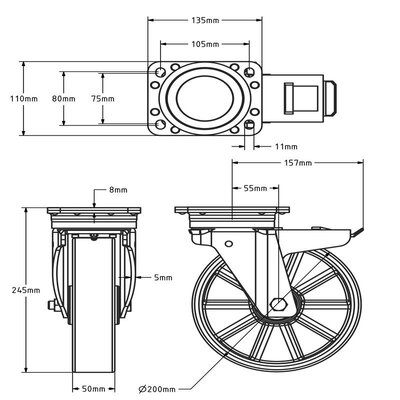 Polyurethan-Schwerlast-Lenkrolle mit Bremse 200 mm - Kugellager - 800 kg