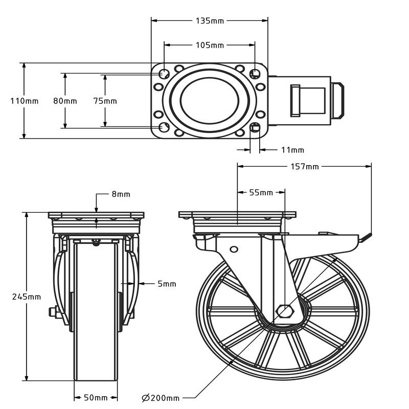 Polyurethan-Schwerlast-Lenkrolle mit Bremse 200 mm - Kugellager - 800 kg