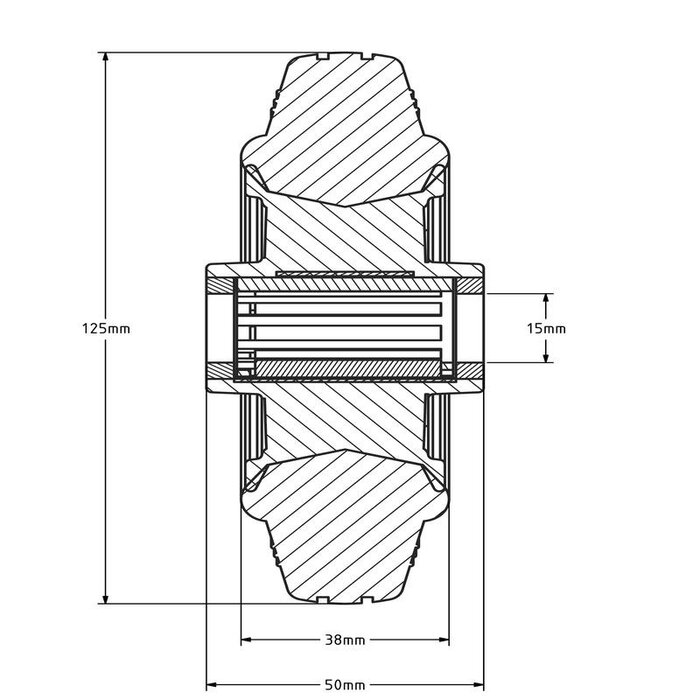 Gummirad 125 mm - Rollenlagerbohrung 15 mm - 100 kg