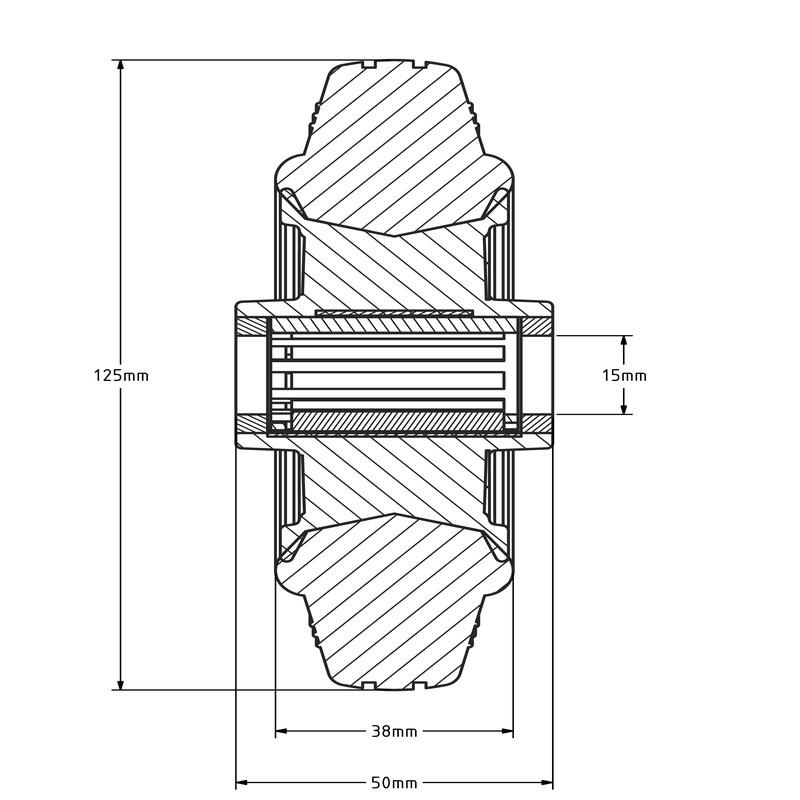 Gummirad 125 mm - Rollenlagerbohrung 15 mm - 100 kg