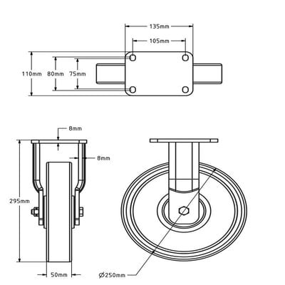 Polyurethan-Schwerlast-Bockrolle 250 mm - Kugellager - 1200 kg