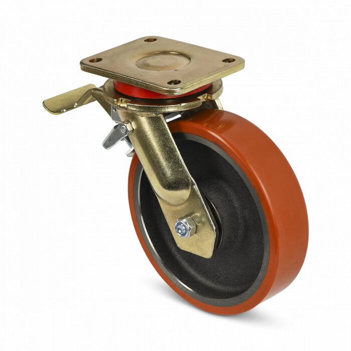 Polyurethan-Schwerlast-Lenkrolle mit Bremse 250 mm - Kugellager - 1200 kg