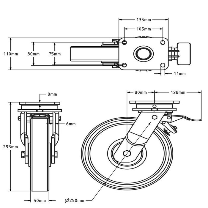 Polyurethan-Schwerlast-Lenkrolle mit Bremse 250 mm - Kugellager - 1200 kg