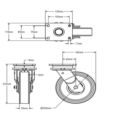 Polyurethan Schwerlast-Lenkrolle 200 mm - Kugellager - 1000 kg
