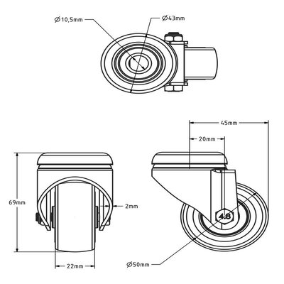 Schwarze Lenkrolle 50 mm - Kugellager - Bolzenloch - 50 kg