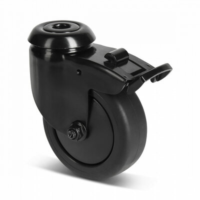 Schwarze Lenkrolle mit Bremse 75 mm - Kugellager - Rückenloch - 75 kg