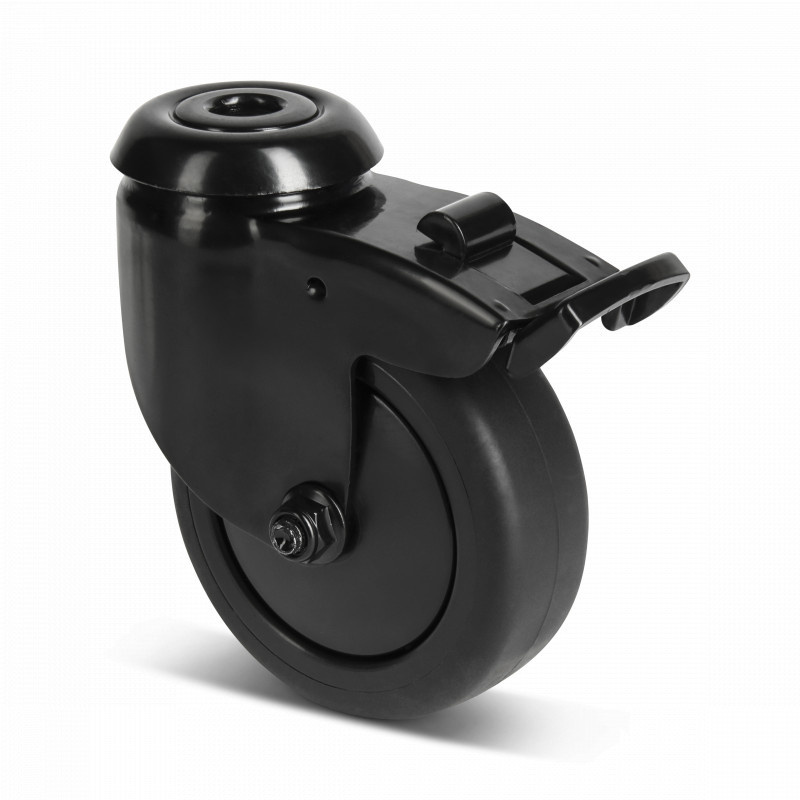 Schwarze Lenkrolle mit Bremse 75 mm - Kugellager - Rückenloch - 75 kg
