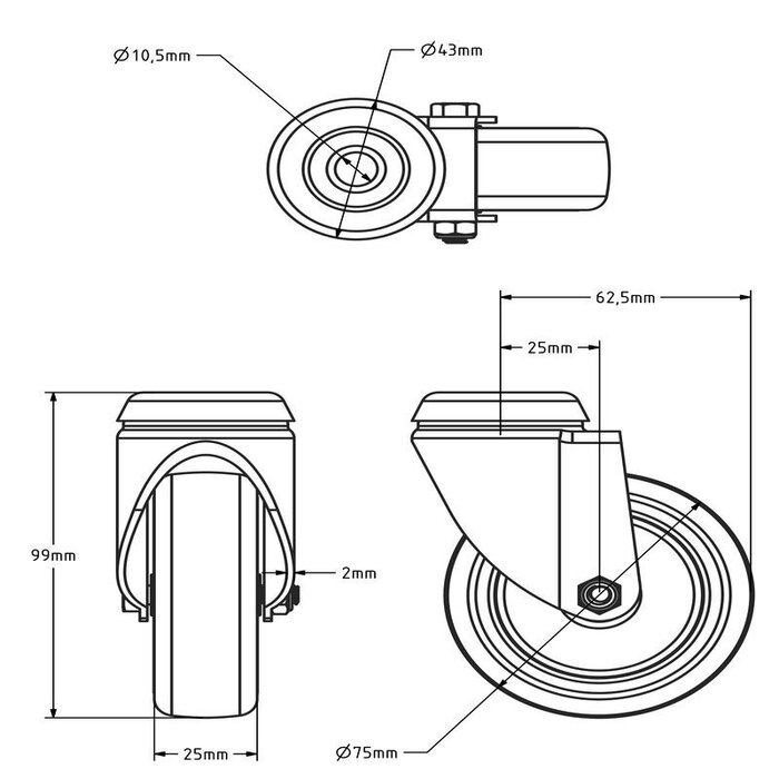 Schwarze Lenkrolle 75 mm - Bolzenloch - 75 kg