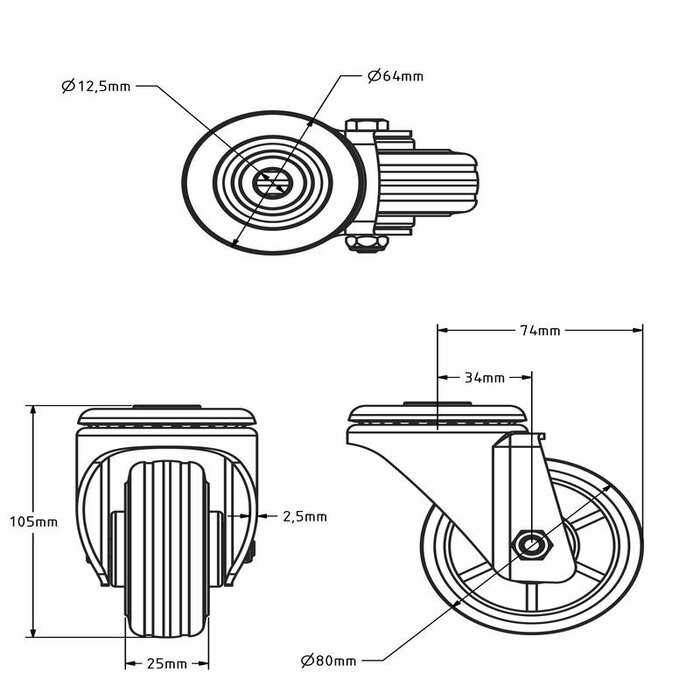Gummilenkrolle 80 mm - Rollenlager - 50 kg