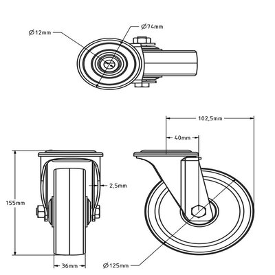 Edelstahl PU Lenkrolle 125 mm - Bolzenloch - Kugellager 200 kg