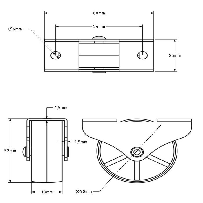 Bockrolle 50 mm - Schubladenrad - 50 kg