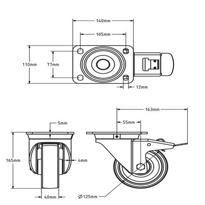 Edelstahl Schwerlast Lenkrollen mit Bremse 125 mm - Nylon - 700 kg