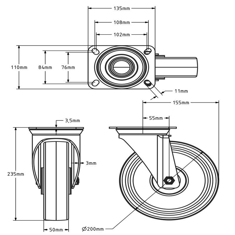 PU-Lenkrolle 200 mm - kugelgelagert - 400 kg