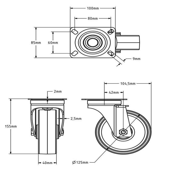 Edelstahl Lenkrolle 125 mm - Nylon - 150 kg