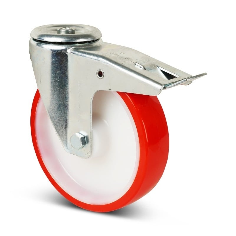 PU Lenkrolle mit Bremse 200 mm - Bolzenloch - Rollenlager 400 kg