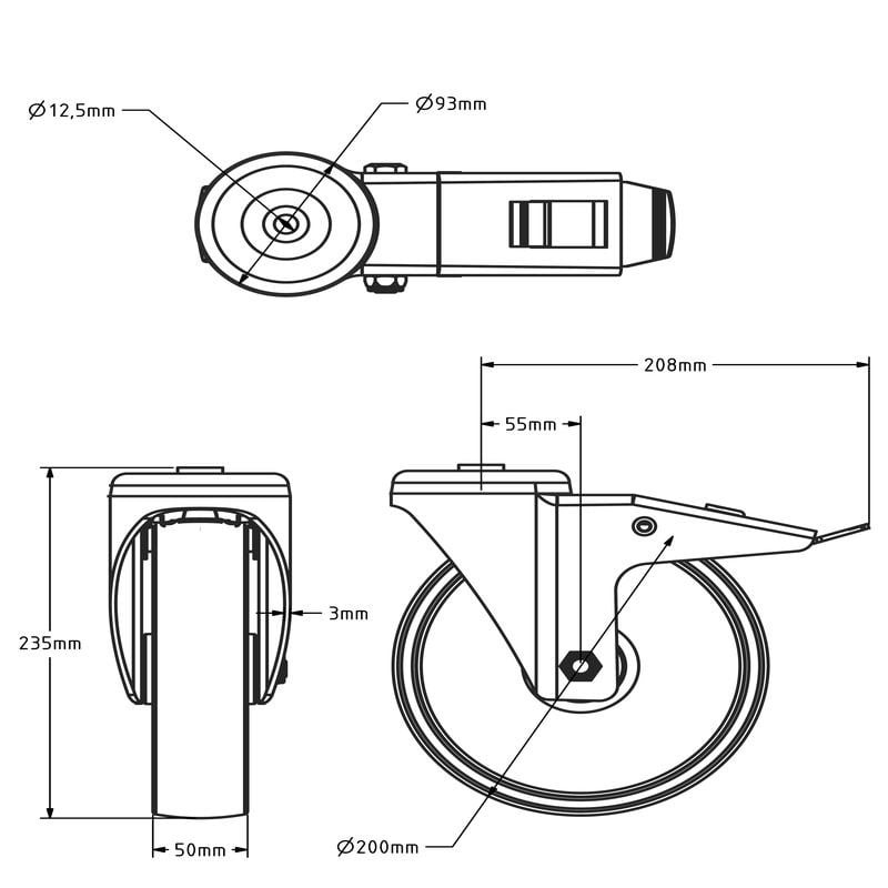 PU Lenkrolle mit Bremse 200 mm - Bolzenloch - Rollenlager 400 kg