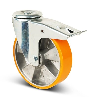 PU Lenkrolle mit Bremse 200 mm - Bolzenloch - Kugellager - 400 kg