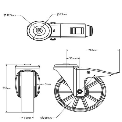 PU Lenkrolle mit Bremse 200 mm - Bolzenloch - Kugellager - 400 kg