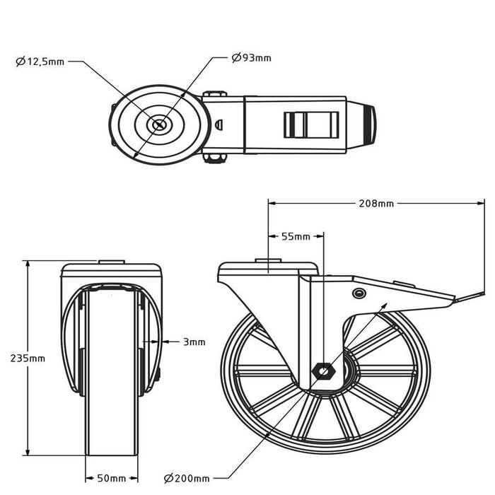 PU Lenkrolle mit Bremse 200 mm - Bolzenloch - Kugellager - 400 kg