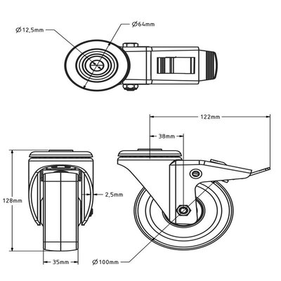 Polyurethan Lenkrolle mit Bremse 100 mm - Kugellager - 150 kg