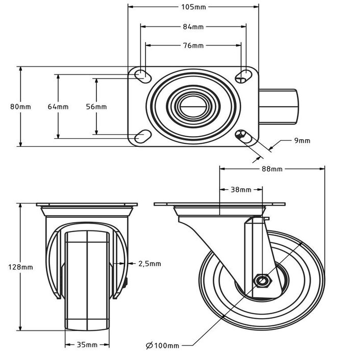 Polyurethan-Lenkrolle 100 mm - kugelgelagert - 150 kg