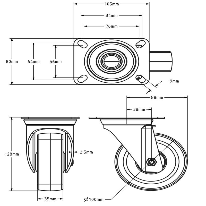 PU Lenkrolle 100 mm - kugelgelagert - 150 kg