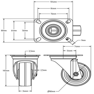 Polyurethan-Lenkrolle 80 mm - kugelgelagert - 120 kg