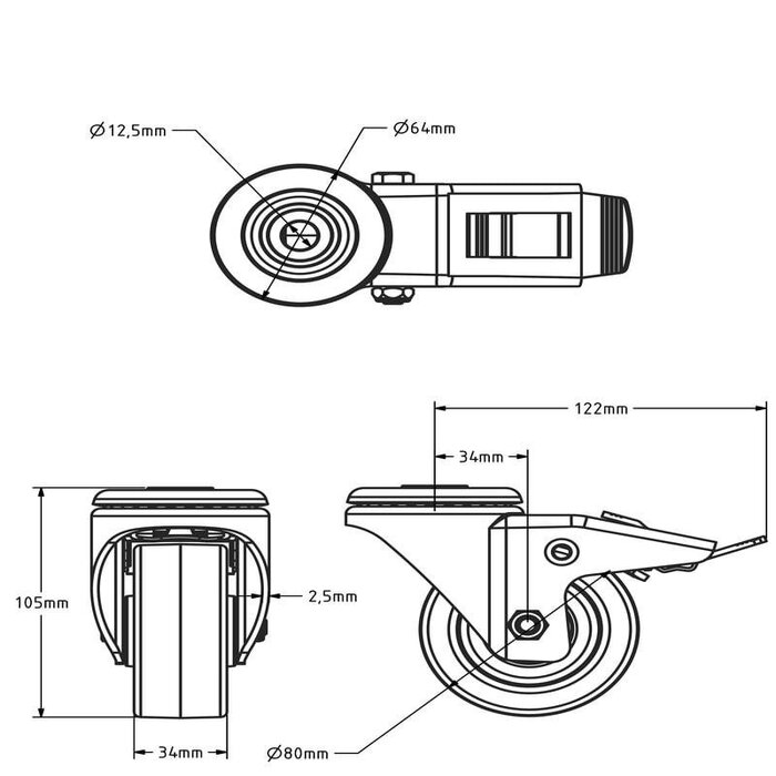 Polyurethan-Lenkrolle mit Bremse 80 mm - Rollenlager - 130 kg