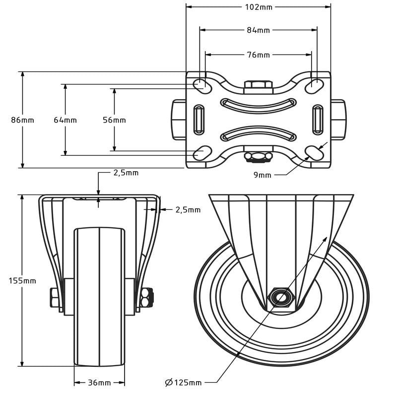 Polyurethan-Bockrolle 125 mm - Rollenlager - 200 kg