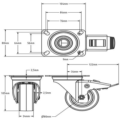 PU Lenkrolle mit Bremse 80 mm - Rollenlager - 130 kg