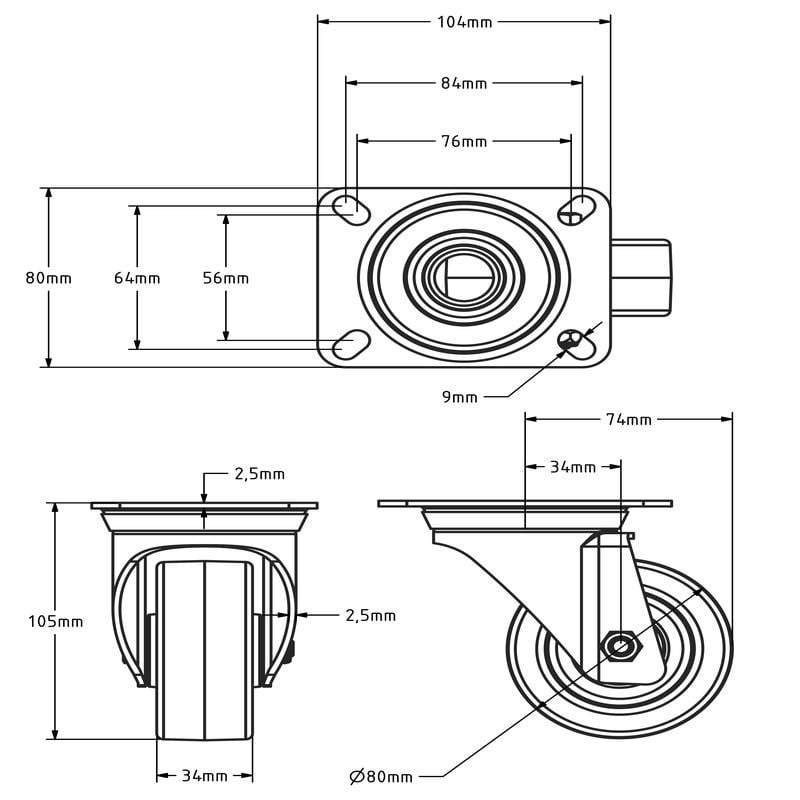 Polyurethan-Lenkrolle 80 mm - Rollenlager - 130 kg
