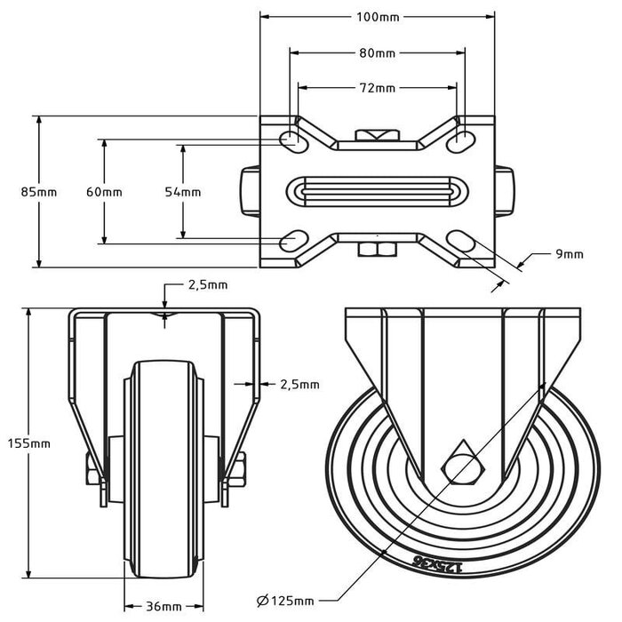 Bockrolle aus Edelstahl 125 mm - Elastischer Gummi - 190 kg