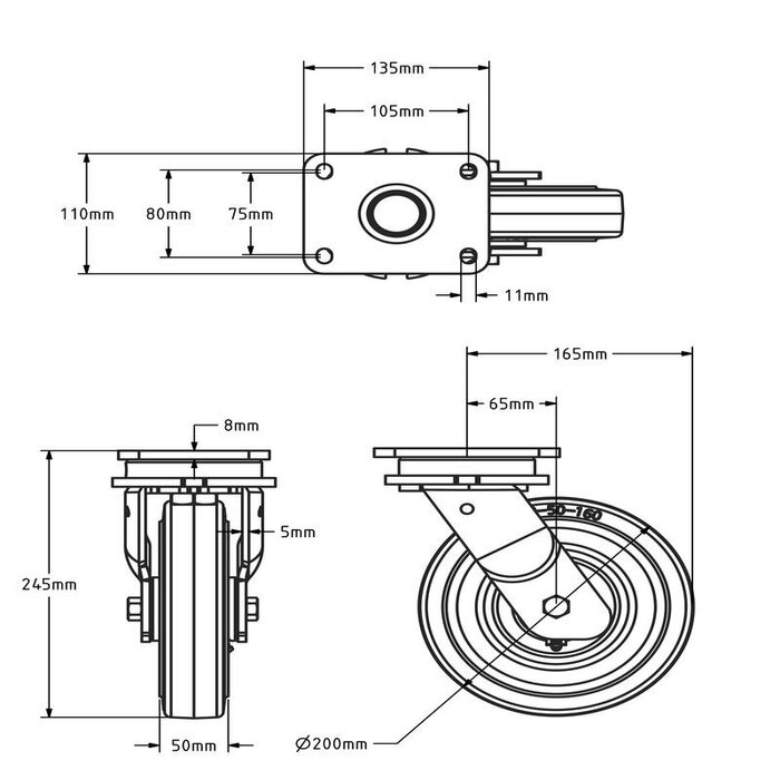 Elastisch Gummi Schwerlast-Lenkrolle 200 mm - 550 kg