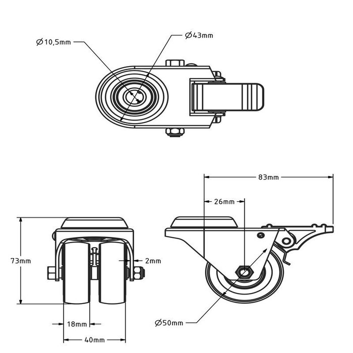 Doppel Lenkrolle mit Bremse 50 mm - Bolzenloch - 80 kg