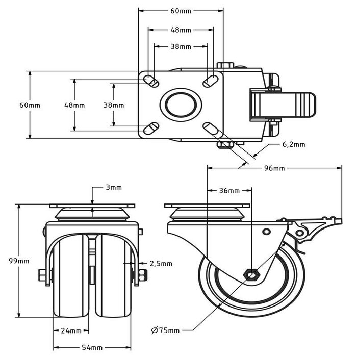 Doppelte Lenkrolle mit Bremse 75 mm - Platte - 120 kg