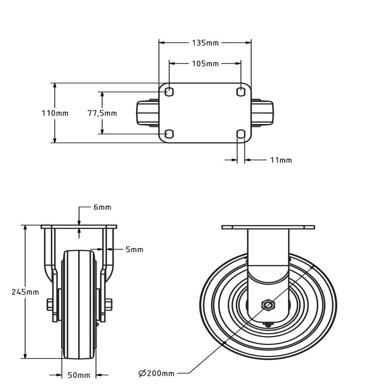 Elastische Gummi-Schwerlast-Bockrolle 200 mm - 550 kg