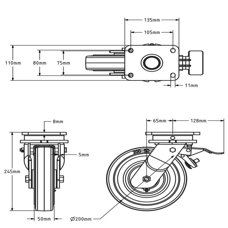 Elastisch Gummi Schwerlast-Lenkrolle mit Bremse 200 mm - 550 kg