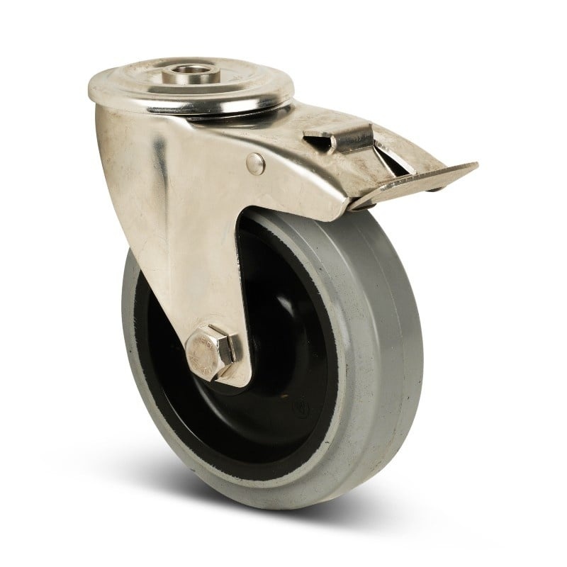 Lenkrollen mit Bremse aus Edelstahl 125 mm - Elastischer Gummi - 190 kg
