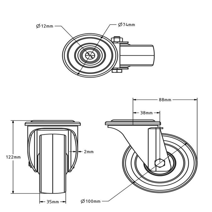 Edelstahl Polyurethan Lenkrolle 100 mm - Bolzenloch - Kugellager - 150 kg