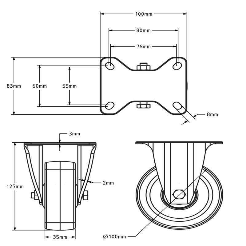 Edelstahl PU Bockrolle 100 mm - Kugellager - 150 kg