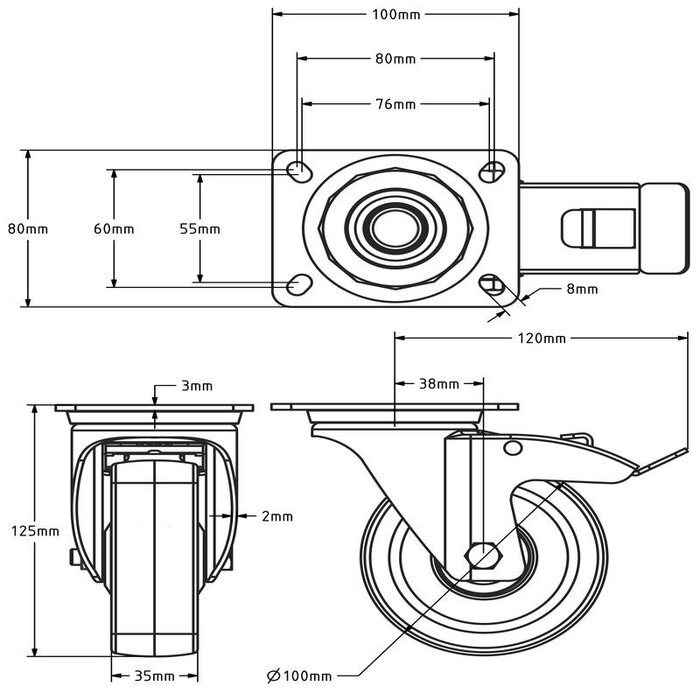 Edelstahl Polyurethan Lenkrolle mit Bremse 100 mm - Kugellager - 150 kg