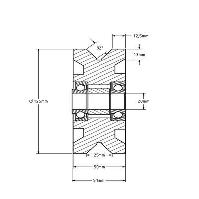 Rillenrad 125 mm mit V Rille - 1000 kg