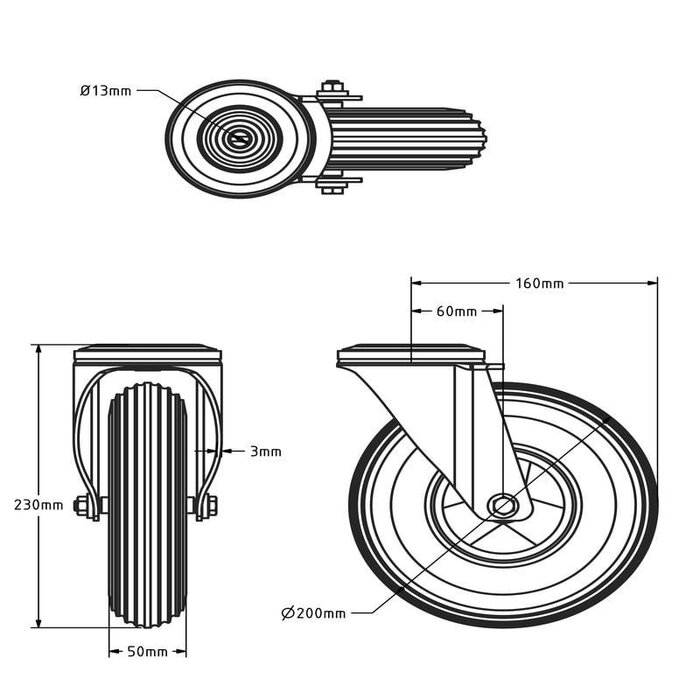Schwarz geschäumte PU Lenkrolle 200 mm - 100 kg