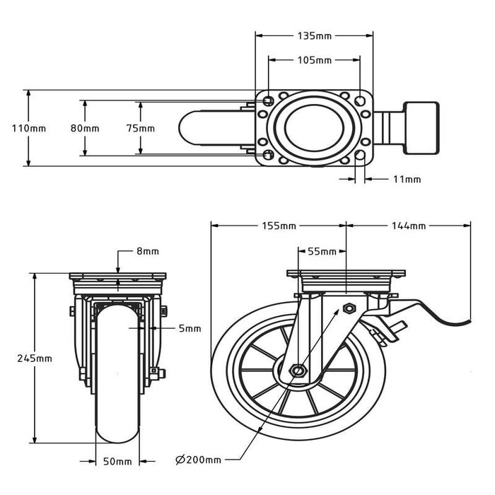 Bombierte PU Lenkrolle mit Bremse 200 mm Kugellager - 600 kg