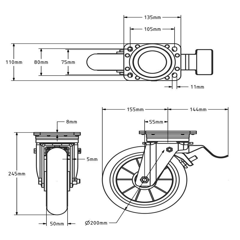 Ballige Polyurethan-Lenkrolle mit Bremse 200 mm Kugellager - 600 kg
