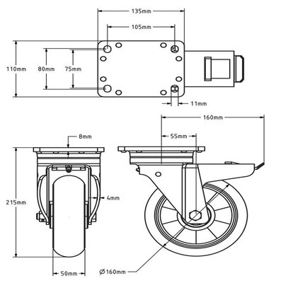 Bombierte PU Lenkrolle mit Bremse 160 mm - 510 kg