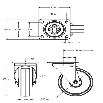 Nylon Lenkrolle 150 mm - Rollenlager - 300 kg