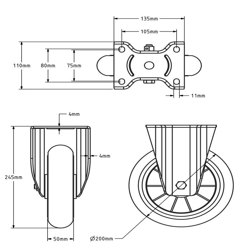 Bombierte PU Bockrolle 200 mm - 600 kg